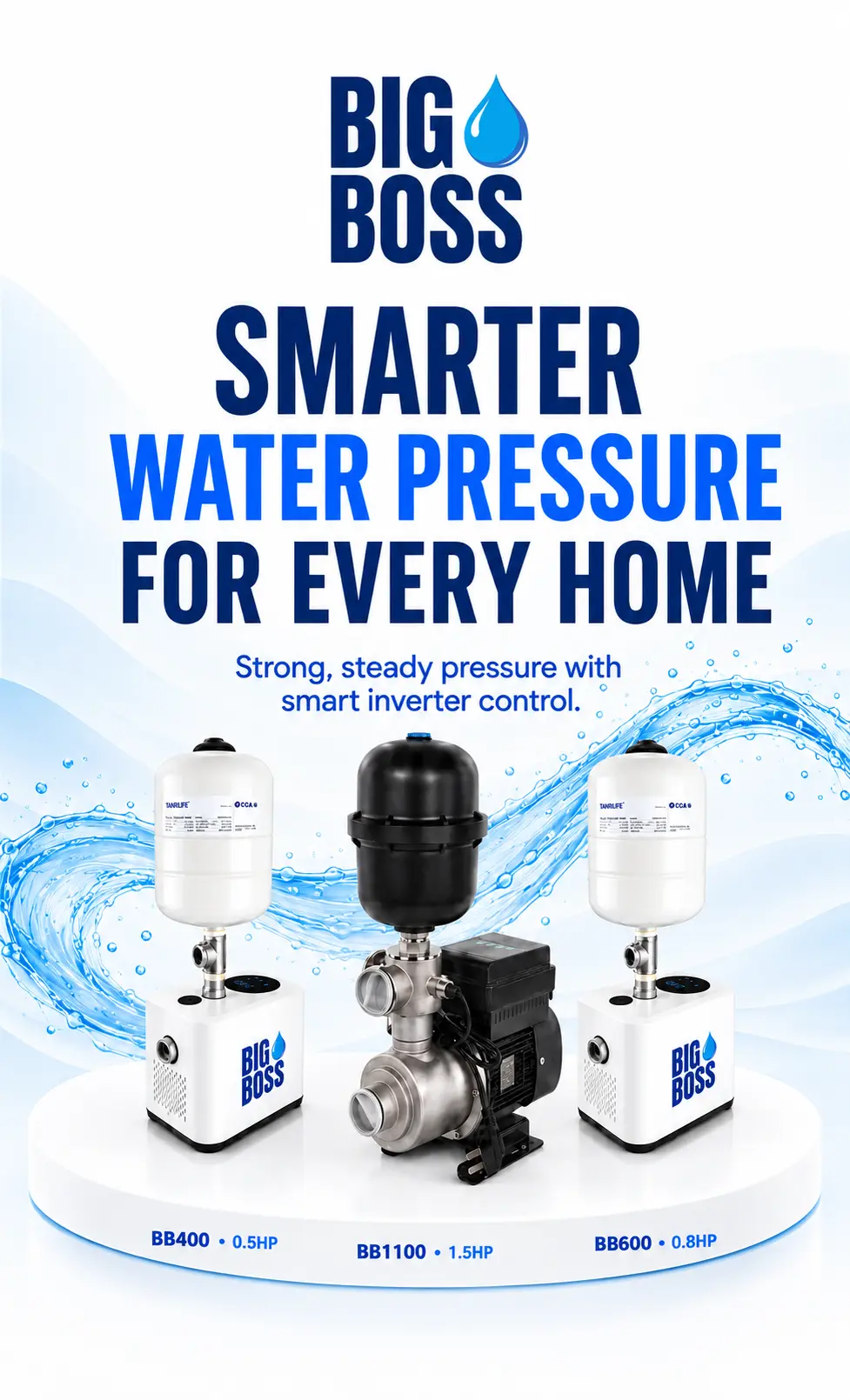 BIG BOSS BB400, BB1100 and BB600 inverter pumps—smarter water pressure for every home